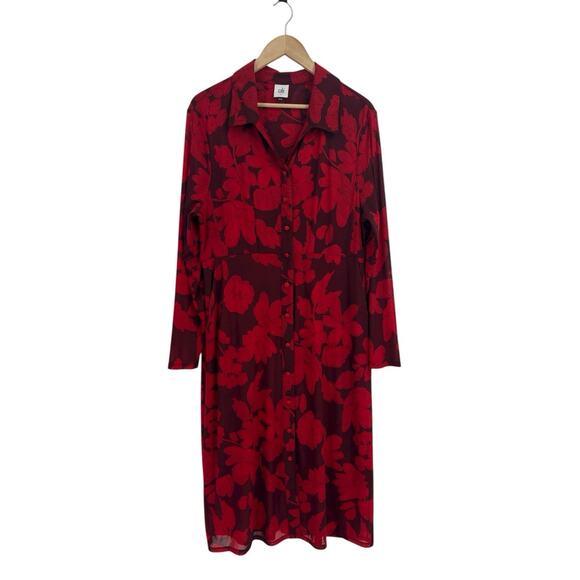 Cabi Red Floral Long Sleeve Collared Shirt Dress 4392 Midi Large - Picture 1 of 5